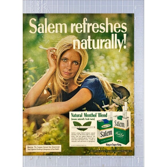 Salem Cigarettes "Refreshes Nautrally: Woman in Field" Vintage Print Ad 1970's - Picture 2 of 3